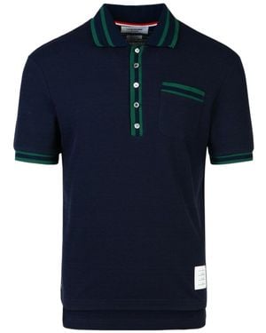 Thom Browne Pointelle Stripe Detailed Polo Shirt - Blue