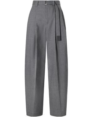 Sacai Belted Pleated Twill Wide-Leg Pants - Gray