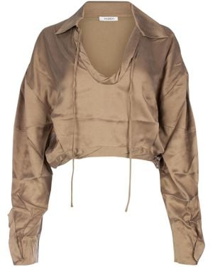 Yuzefi Long Sleeved V-Neck Drawstring Top - Natural