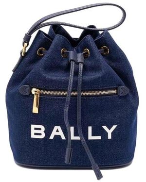 Bally Logo Printed Bar Mini Bucket Bag - Blue