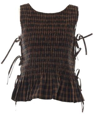 Ganni Smocked Check Lace-Up Top - Black
