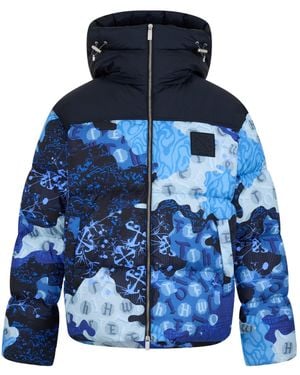 Off-White c/o Virgil Abloh Tone Graffiti Print Cropped Hooded Down Jacket - Blue
