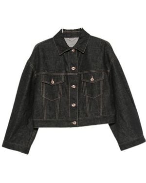 Brunello Cucinelli Contrast-Stitch Cropped Denim Jacket - Black