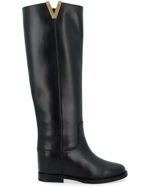 Via Roma 15 Logo Plaque Round Toe Boots - Black