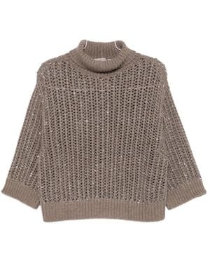D.exterior Open-Knit Crystal Turtleneck Sweater - Brown
