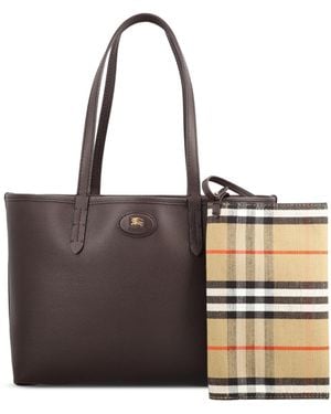 Burberry Logo Patch Checked Reversible Tote Bag - Brown