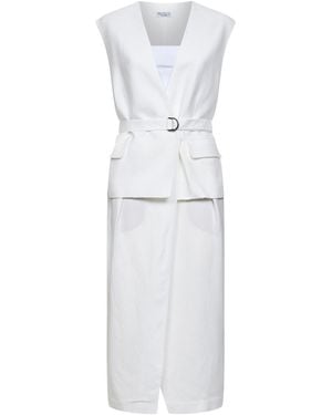 Brunello Cucinelli Ivory Viscose And Linen Fluid Twill Midi Dress - White