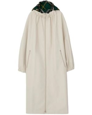 Burberry Checked-Hood Zipped Gabardine Parka - White