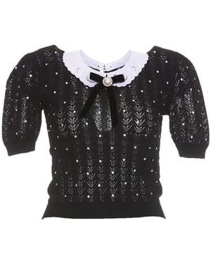 Alessandra Rich Contrast-Collar Crystal-Embellished Knitted Top - Black