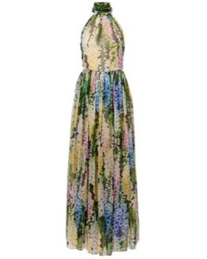 Oscar de la Renta Floral Gathered Silk Chiffon Gown - Blue