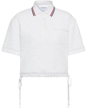 Thom Browne Ribbon Tweed Striped Polo Top - White