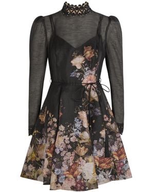Zimmermann Floralprint Linen And Silkblend Mini Dress - Black
