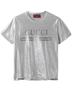 Gucci Logo Printed Metallic T-Shirt - Grey