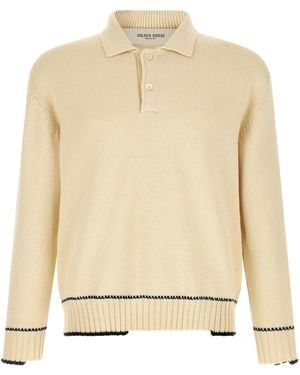Golden Goose Logo Printed Knitted Polo Shirt - Natural