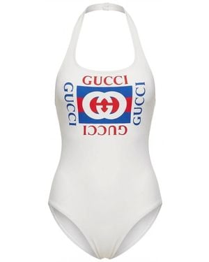 Gucci Logo-Print Halterneck Swimsuit - White