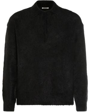 AURALEE Fuzzy Polo Knitted Jumper - Black
