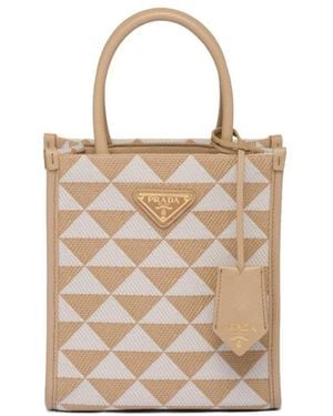 Prada Logo Detailed Monogram Tote Bag - Natural