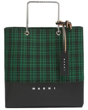 Marni Checked Twill Shopper With Metal Handles - Green