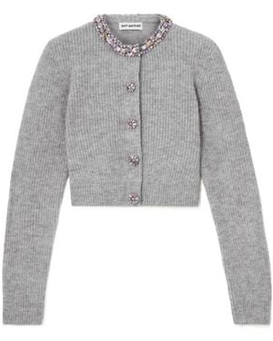 Self-Portrait Crystal-Embellished Ribbed-Knit Cardigan - Grey