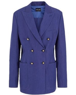 Giorgio Armani Double-Breasted Linen Suit Jacket - Blue