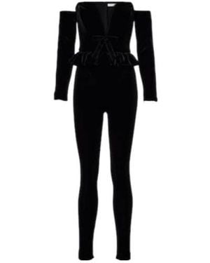 Alessandra Rich Bow-Detail Ruffled Off-Shoulder Velvet Jumpsuit - Black