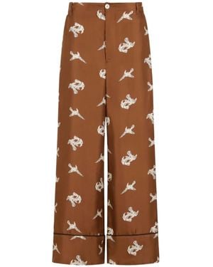 Marni Silk Twill Trousers With Raven Print - Brown