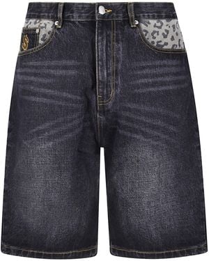 BBCICECREAM Leopard-Print Panel Denim Shorts - Blue
