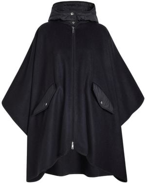 Moncler Hooded Shell And Wool-Blend Cape Coat - Blue