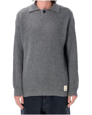 Emporio Armani Fisherman's-Knit Long Sleeved Polo Shirt - Grey