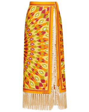 Valentino Round Rain Printed Fringed Wrap Skirt - Orange