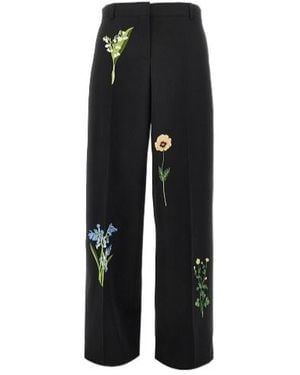 Stella McCartney Floral-Embroidered Straight-Leg Pants - Black