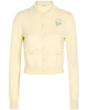 Self-Portrait Floral-Embroidered Wool Cardigan - Natural