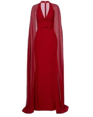 Elie Saab Bow-Detail Caped Silk-Blend Gown - Red