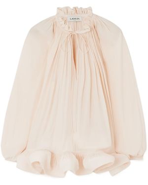 Lanvin Ruffled Gathered Charmeuse Blouse - Natural
