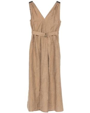 Brunello Cucinelli Midi Dress With Belt And V-Neck - Natural