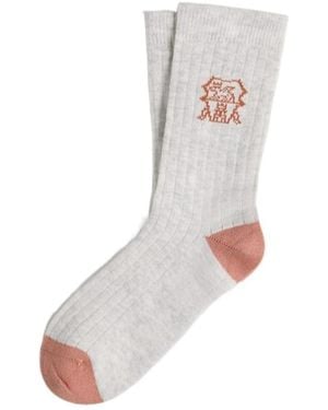 Brunello Cucinelli Cotton Rib Knit Socks With Intarsia - White