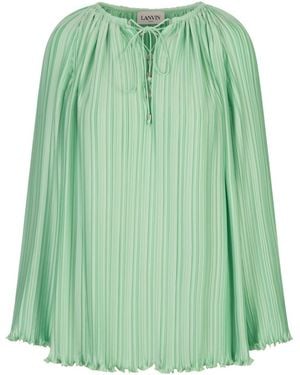 Lanvin Pleated Ruffled-Hem Tied-Neck Blouse - Green