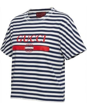 Gucci Logo Printed Striped T-Shirt - Blue