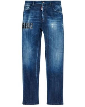 DSquared² Logo Printed Distressed Straight-Leg Jeans - Blue