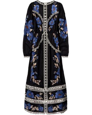FARM Rio Embroidered Floral Cotton Midi Dress - Blue