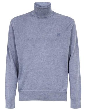 Etro Pegaso Embroidered Turtleneck Knitted Sweater - Blue