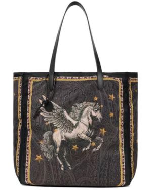 Etro Nylon Tote Bag With Pegaso Print And Arnica Motif - Black