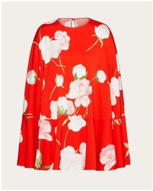 Valentino Floral-Print Cape Dress - Red