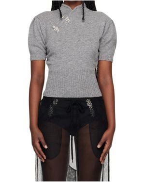 Simone Rocha Short-Sleeved Stand-Up Collar Cashmere Sweater - Gray