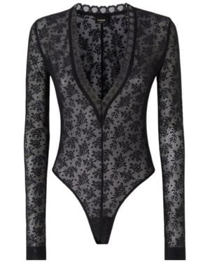 Pinko Floral-Lace V-Neck Bodysuit - Black