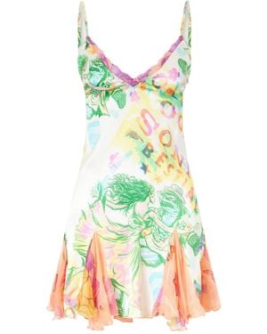 Donde Esteban Sonido Bestial Ruffled Lace-Trimmed Printed Silk-Blend Satin And Chiffon Mini Dress - Green