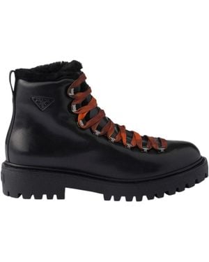 Prada Antiqued Leather Lace-Up Ankle Boots - Black