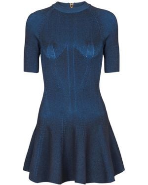 Balmain Flared Hem Ribbed Mini Dress - Blue
