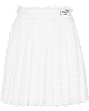 Balmain Logo Patch Pleated Tweed Mini Skirt - White
