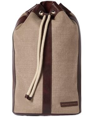 Brunello Cucinelli Water-Resistant Canvas And Burnished Calfskin Drawstring Backpack - Brown